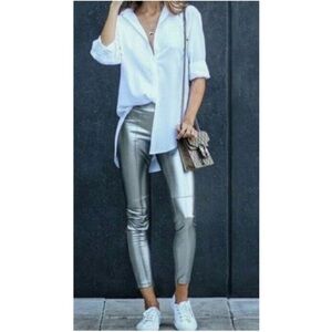 Silver Tummy Control High Waisted Vegan Leather Leggings  m